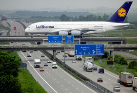 ,  , , city, airplane, , airliner, highway, bridge, road, cars, , a380, lufthansa, airbus, , , , , , , 