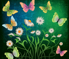  , , flowers, butterflies, grunge, abstract, , , green, design