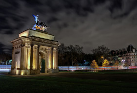 wellington arch, города, лондон , великобритания, ночь, площадь, арка