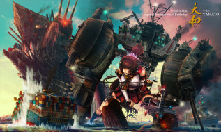 аниме, kantai collection, море, арт, девушка, цепь, механизмы, гиганты, корабли, война