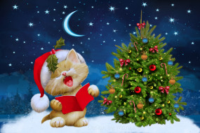      4455x2970 , , , kitten, , tree, night, christmas, merry, , , design, by, marika, , winter, snow, santa, , , , , , 