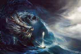 фэнтези, драконы, магия, душа, лодка, шторм, существа, дракон, волны, море, арт