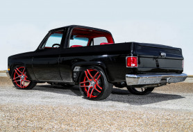 , custom pick-up, red, pickup, black, rims