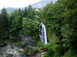 природа, водопады, reichenbach, швейцария, switzerland, горы, небо, дом, деревья