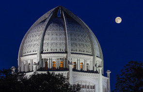 full moon over baha`i temple, ,  , , , , , 