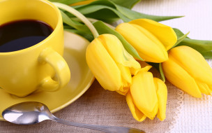 , ,   , coffee, breakfast, tulips, cup, flowers, yellow