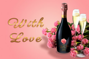      3000x1996 ,   , , , , , glass, champagne, flowers, roses, valentine's, day, romantic