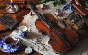 музыка, -музыкальные инструменты, очки, ноты, скрипка, натюрморт, молоко, часы, книги, розы, чай