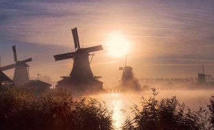 , , , , sunrise, fog, windmill