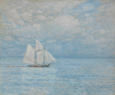 sailing on calm seas, рисованное, frederick childe hassam, небо, облака, море, парусник, корабль