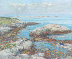 rocks at the appledore morning, рисованное, frederick childe hassam, небо, облака, море, камни, берег
