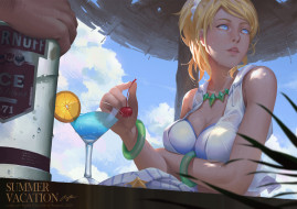 аниме, unknown,  другое, девушка, взгляд, фон, вишня, коктейль, рука, лимон, облака, небо, зонт, бутылка