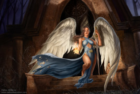      3000x2025 , , , , , fire, , , crypt, mercy, , angel, , girl, art, fantasy, , , flame, , sword, , wings, , stairs, , tomb