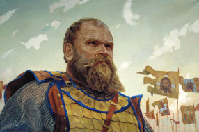 герой куликовской битвы боброк волынский, рисованное, виктор маторин, взгляд, воин, борода, войско, кольчуга, флаги, знамена