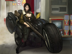      1920x1440 , , , , , sniper, girl, , sci-fi, , by, namgwon, lee, , leather, , jacket, , motorcycle, , headphones, , rifle, cyberpunk, 