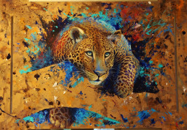 рисованное, животные, абстракция, краски, леопард, рисунок, хищник, арт
